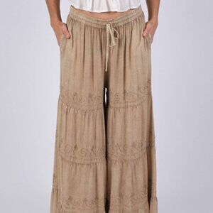Embroidered Sand Tiered Palazzo Pants